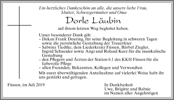 Traueranzeige von Dorle Läubin von Allgäuer Zeitung, Füssen