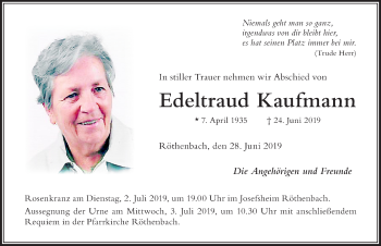 Traueranzeige von Edeltraud Kaufmann von Der Westallgäuer
