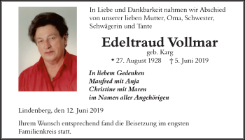 Traueranzeige von Edeltraud Vollmar von Der Westallgäuer