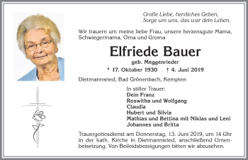 Traueranzeige von Elfriede Bauer von Allgäuer Zeitung,Kempten
