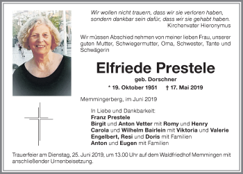 Traueranzeige von Elfriede Prestele von Memminger Zeitung