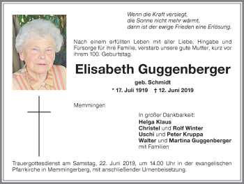 Traueranzeige von Elisabeth Guggenberger von Memminger Zeitung