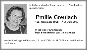 Traueranzeige von Emilie Greulach von Allgäuer Zeitung, Kaufbeuren/Buchloe