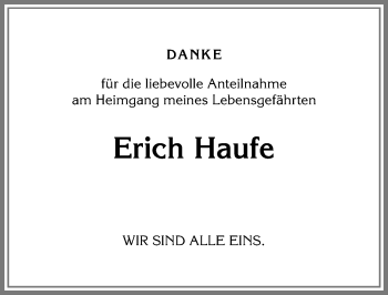 Traueranzeige von Erich Haufe von Allgäuer Anzeigeblatt