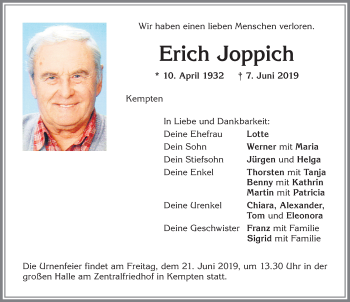 Traueranzeige von Erich Joppich von Allgäuer Zeitung,Kempten