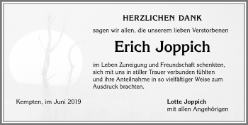 Traueranzeige von Erich Joppich von Allgäuer Zeitung,Kempten