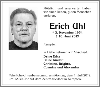 Traueranzeige von Erich Uhl von Allgäuer Zeitung,Kempten
