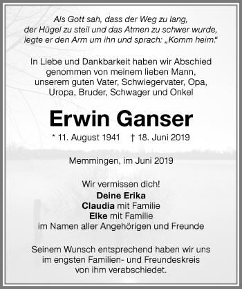 Traueranzeige von Erwin Ganser von Memminger Zeitung