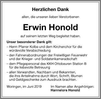 Traueranzeige von Erwin Honold von Memminger Zeitung
