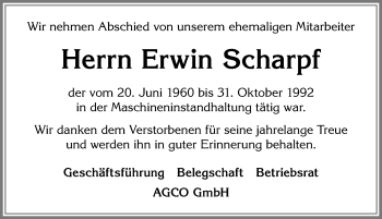 Traueranzeige von Erwin Scharpf von Allgäuer Zeitung, Marktoberdorf