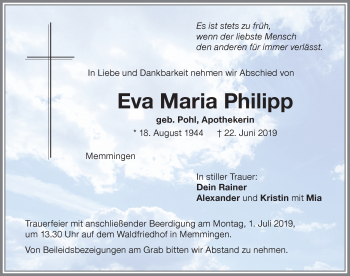 Traueranzeige von Eva Maria Philipp von Memminger Zeitung