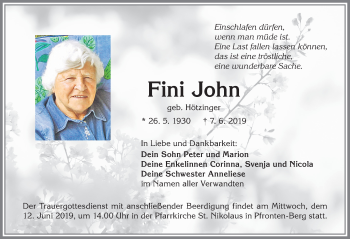 Traueranzeige von Fini John von Allgäuer Zeitung, Füssen