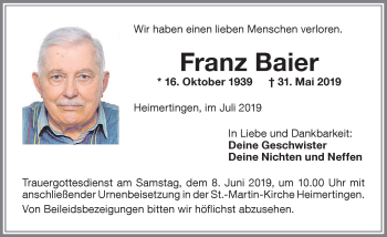 Traueranzeige von Franz Baier von Memminger Zeitung