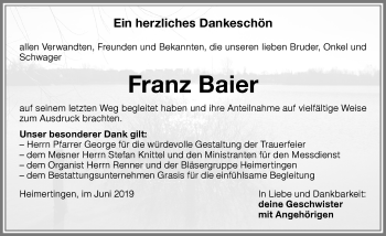 Traueranzeige von Franz Baier von Memminger Zeitung