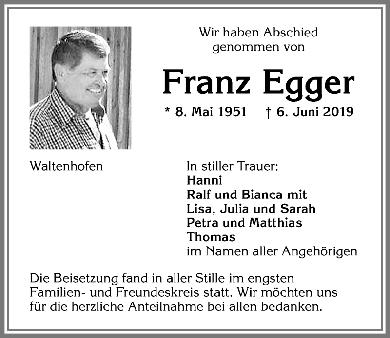  Traueranzeige für Franz Egger vom 24.06.2019 aus Allgäuer Zeitung,Kempten