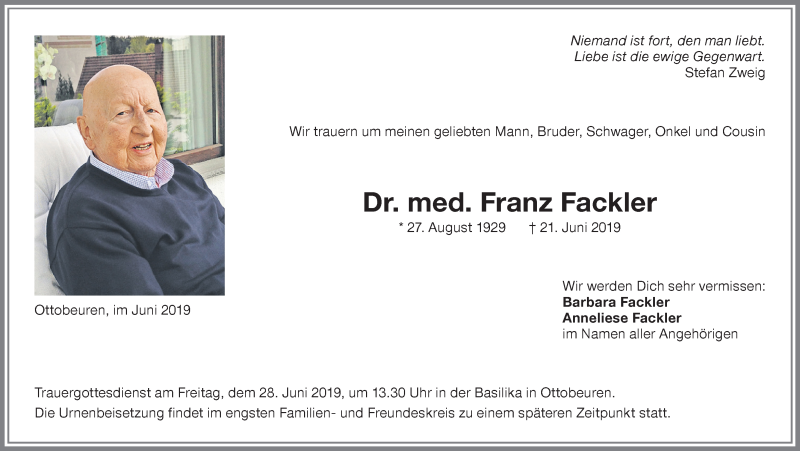  Traueranzeige für Franz Fackler vom 25.06.2019 aus Allgäuer Zeitung
