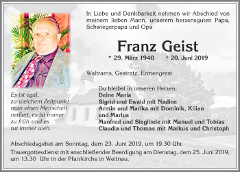Traueranzeige von Franz Geist von Allgäuer Zeitung,Kempten