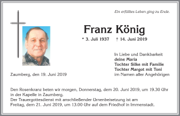 Traueranzeige von Franz König von Allgäuer Anzeigeblatt
