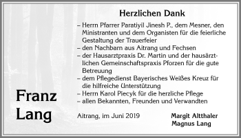 Traueranzeige von Franz Lang von Allgäuer Zeitung, Marktoberdorf