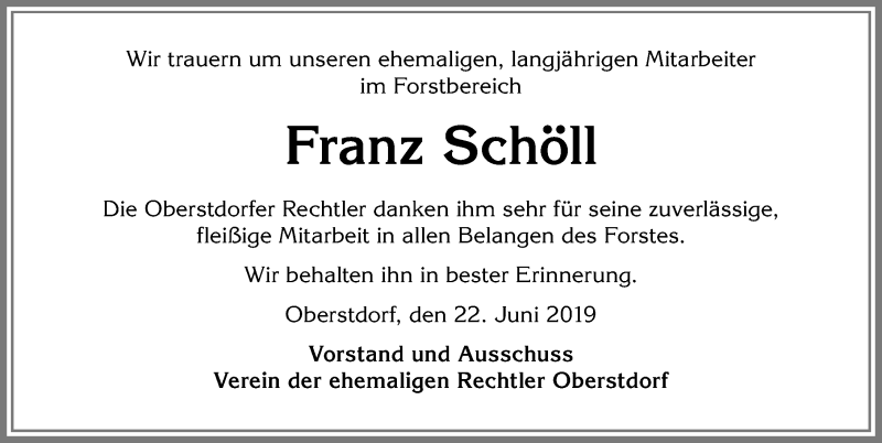  Traueranzeige für Franz Schöll vom 22.06.2019 aus Allgäuer Anzeigeblatt