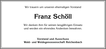 Traueranzeige von Franz Schöll von Allgäuer Anzeigeblatt