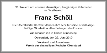 Traueranzeige von Franz Schöll von Allgäuer Anzeigeblatt