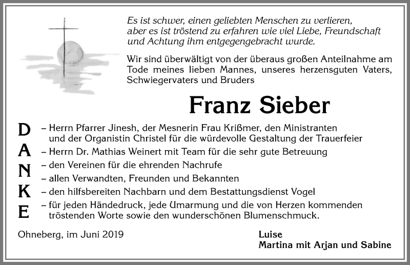  Traueranzeige für Franz Sieber vom 15.06.2019 aus Allgäuer Zeitung, Marktoberdorf