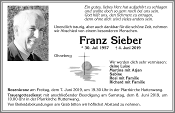 Traueranzeige von Franz Sieber von Allgäuer Zeitung, Marktoberdorf
