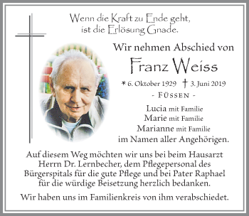 Traueranzeige von Franz Weiss von Allgäuer Zeitung, Füssen
