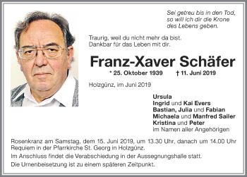 Traueranzeige von Franz-Xaver Schäfer von Memminger Zeitung