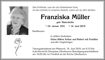 Traueranzeige von Franziska Müller von Allgäuer Zeitung, Kaufbeuren/Buchloe