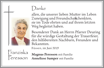 Traueranzeige von Franziska Peresson von Allgäuer Zeitung, Füssen