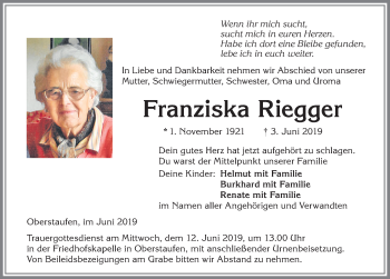 Traueranzeige von Franziska Riegger von Allgäuer Anzeigeblatt