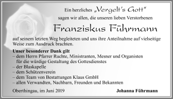 Traueranzeige von Franziskus Führmann von Allgäuer Zeitung, Marktoberdorf