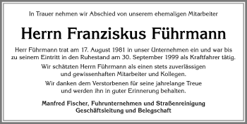Traueranzeige von Franziskus Führmann von Allgäuer Zeitung, Marktoberdorf