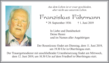 Traueranzeige von Franziskus Führmann von Allgäuer Zeitung, Marktoberdorf