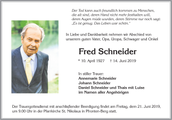 Traueranzeige von Fred Schneider von Allgäuer Zeitung, Füssen