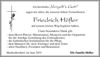 Traueranzeige von Friedrich Höfler von Allgäuer Zeitung, Marktoberdorf