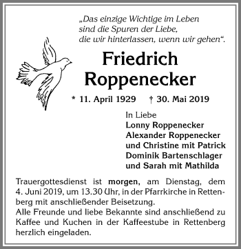 Traueranzeige von Friedrich Roppenecker von Allgäuer Anzeigeblatt