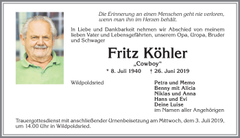 Traueranzeige von Fritz Köhler von Allgäuer Zeitung,Kempten