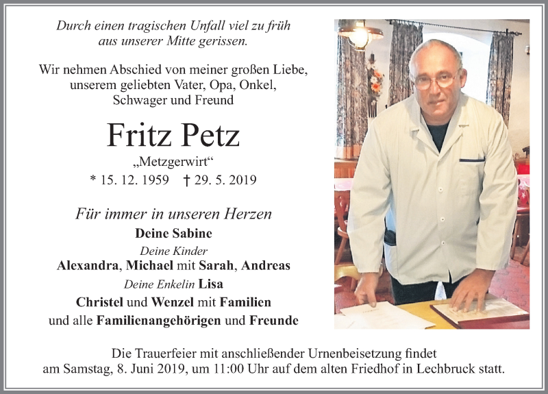  Traueranzeige für Fritz Petz vom 05.06.2019 aus Allgäuer Zeitung, Füssen