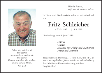 Traueranzeige von Fritz Schleicher von Der Westallgäuer