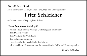 Traueranzeige von Fritz Schleicher von Der Westallgäuer