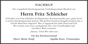 Traueranzeige von Fritz Schleicher von Der Westallgäuer