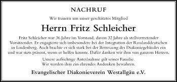 Traueranzeige von Fritz Schleicher von Der Westallgäuer