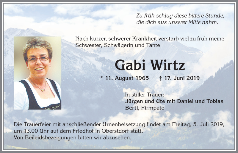  Traueranzeige für Gabi Wirtz vom 27.06.2019 aus Allgäuer Anzeigeblatt