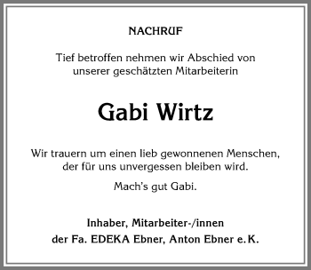 Traueranzeige von Gabi Wirtz von Allgäuer Anzeigeblatt