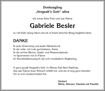 Traueranzeige von Gabriele Besler von Allgäuer Anzeigeblatt