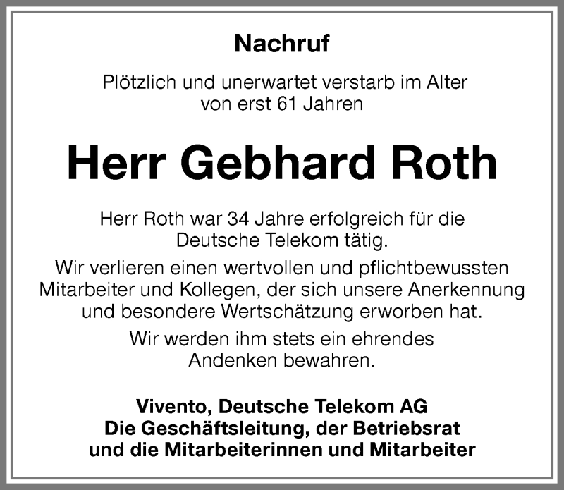  Traueranzeige für Gebhard Roth vom 15.06.2019 aus Memminger Zeitung