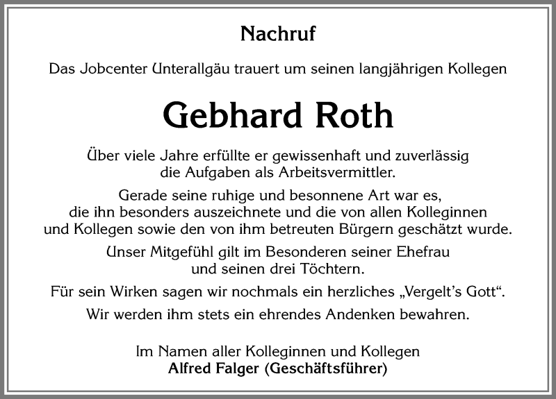  Traueranzeige für Gebhard Roth vom 14.06.2019 aus Allgäuer Zeitung